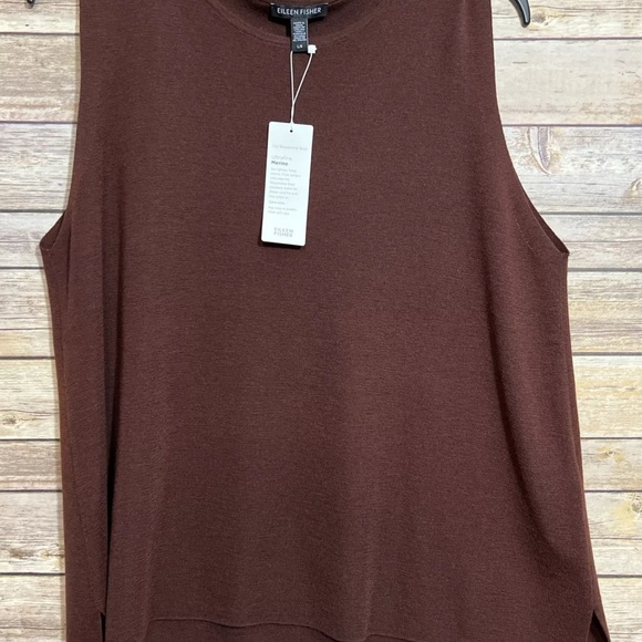 EILEEN FISHER Merino Wool Crew Neck Sleeveless Top Dark Brown Size L NWT $198 - Picture 2 of 9